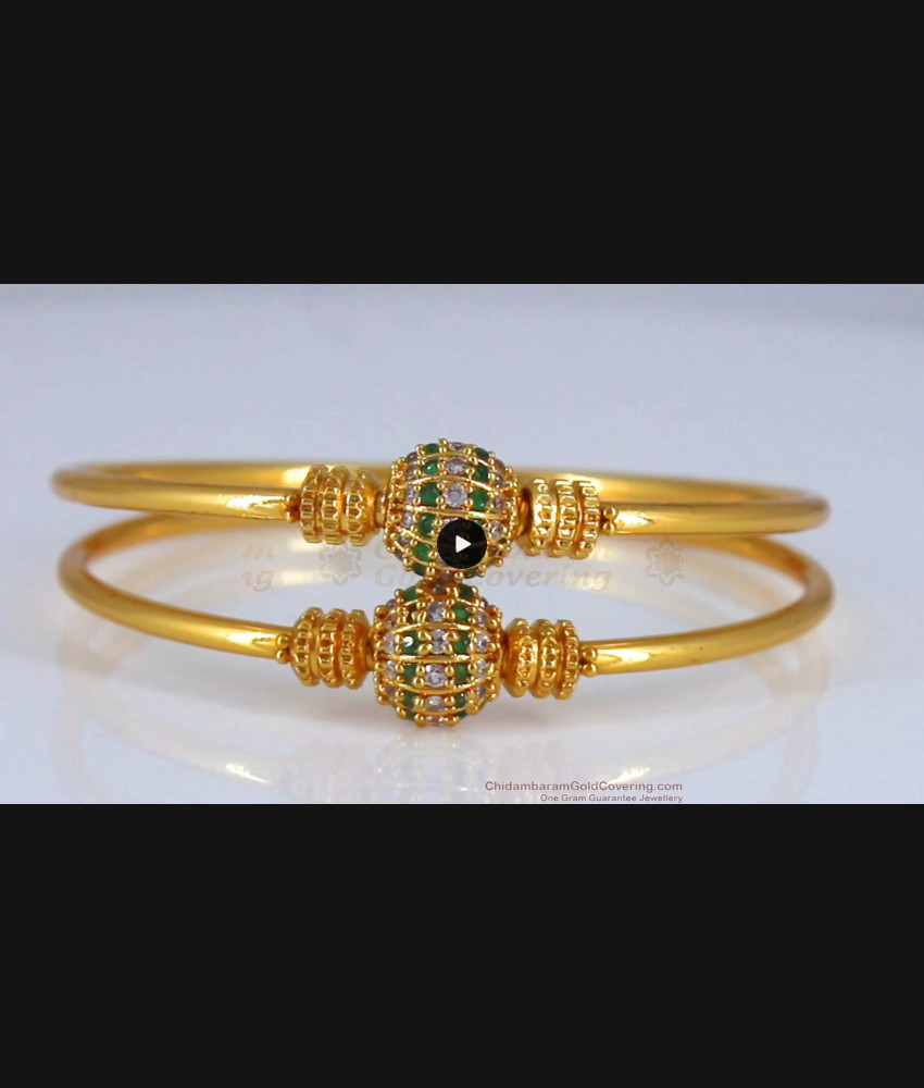 BR1860-2.4 Size Half Ball Shaped Diamond Green Stone Gold Bangles