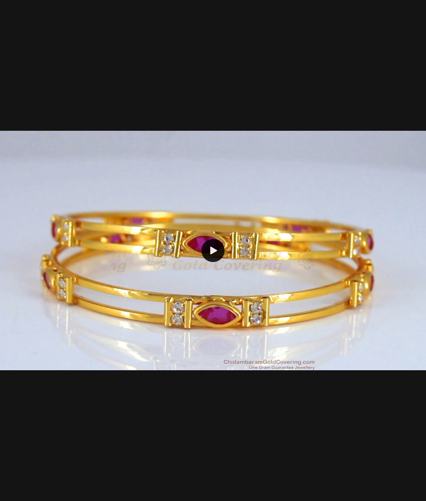 BR1862-2.10 Size One Gram Gold Bangle Stunning Double Line Ruby Stone Design