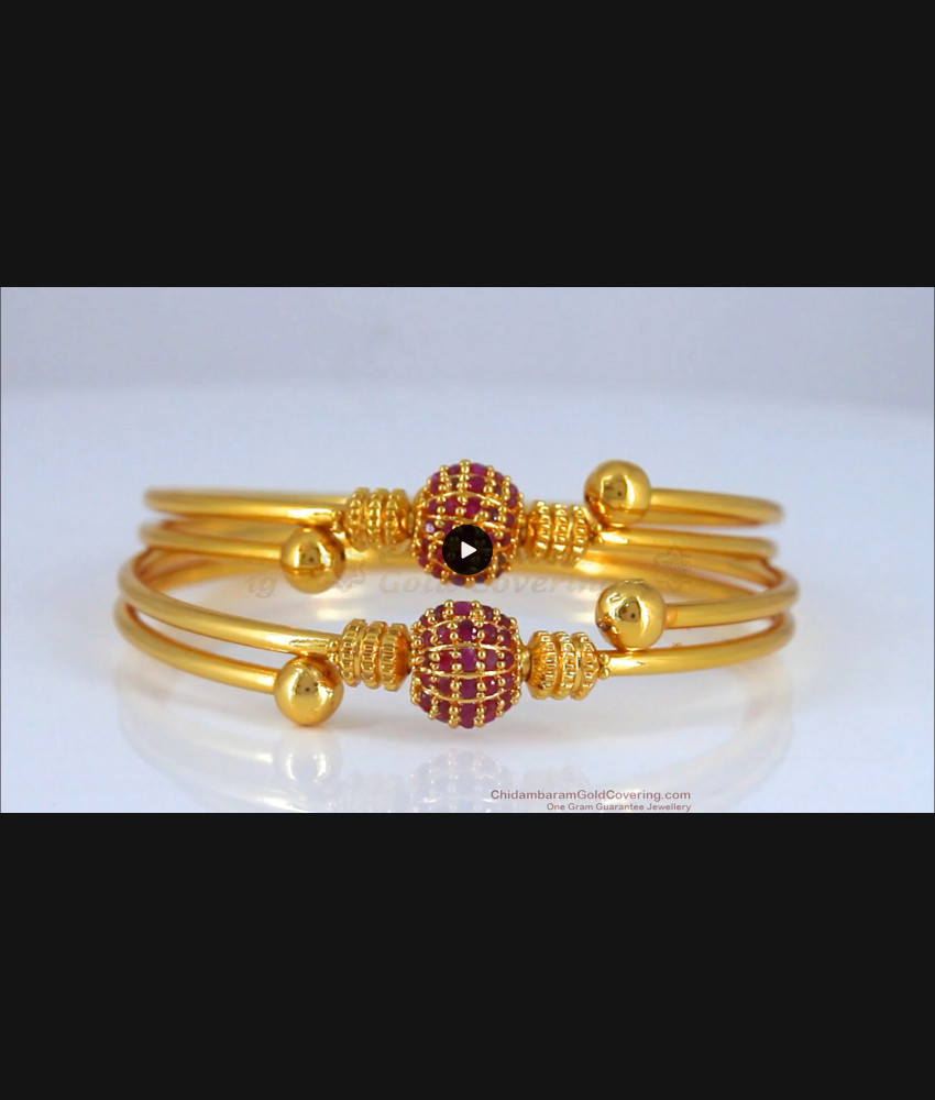 BR1864-2.10 Size Royal Ruby Stone Semi Ball Pattern Gold Bangle Collections