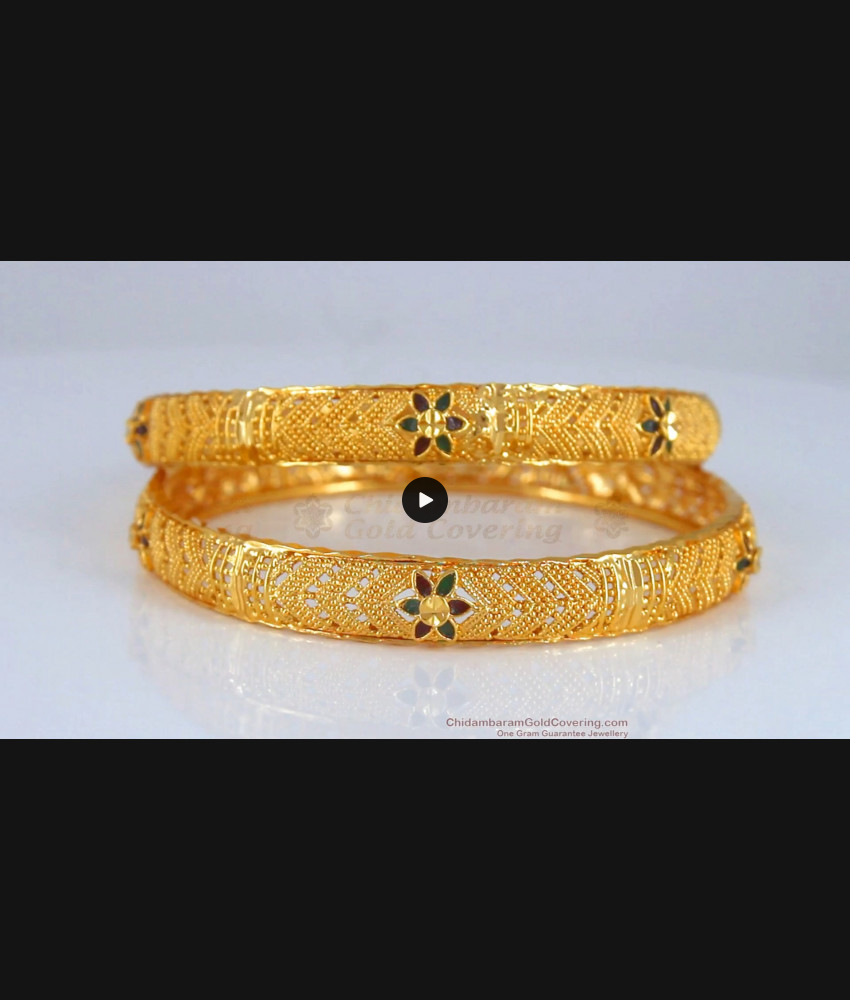 BR1889-2.10 Size One Gram Gold Plated Kerala Bangle Meenakari Flower Design