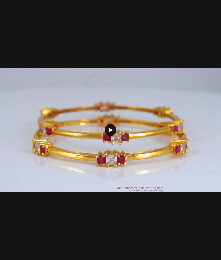 BR1942-2.4 Size Heavy Gold Plated Bangles With Ruby White Stone