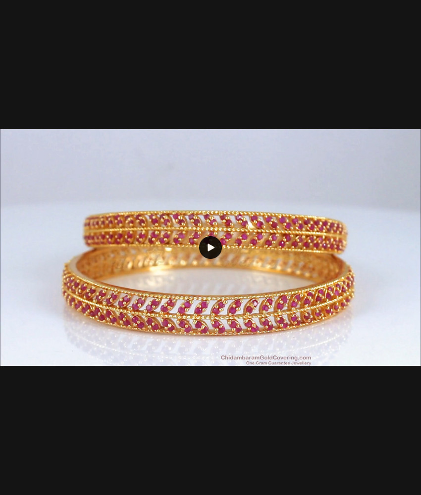 BR1947-2.6 Size Leaf Design One Gram Gold Bangle With Ruby Stone 