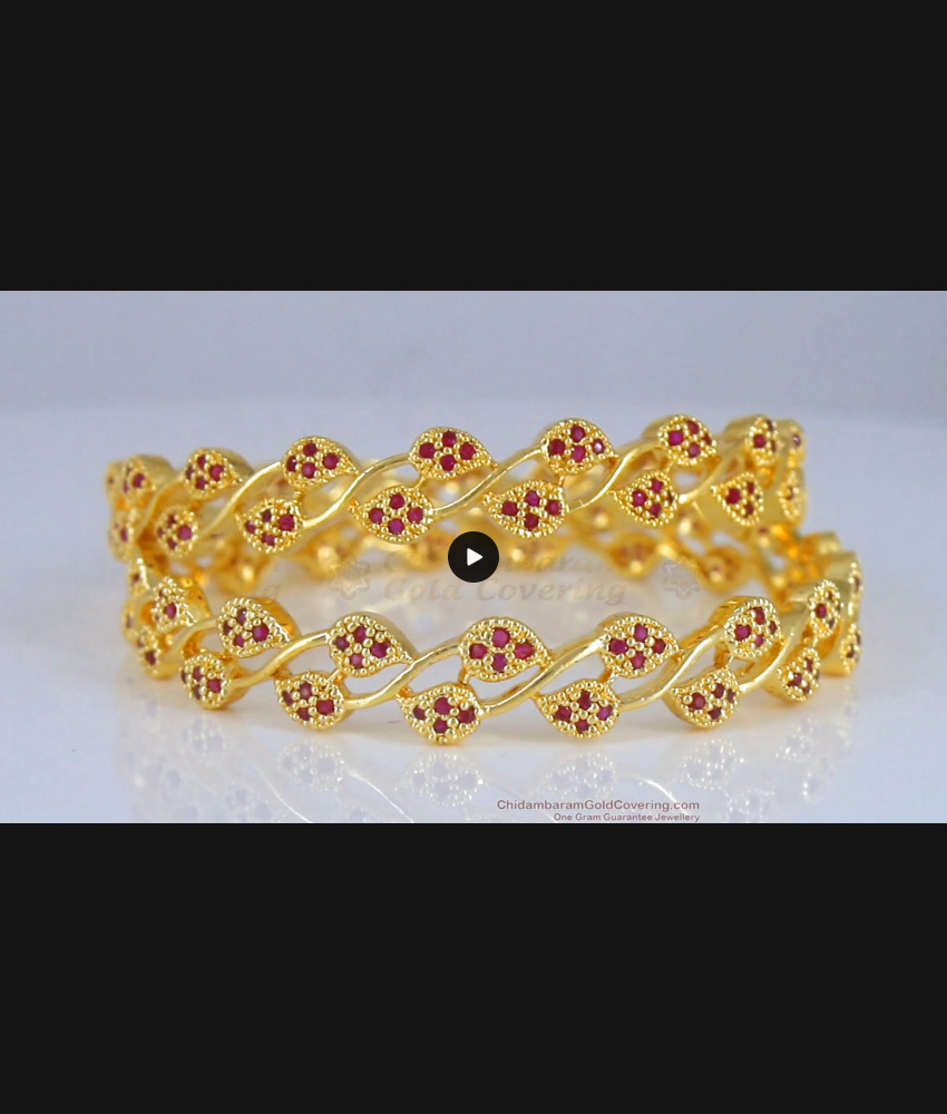 BR1954-2.6 Size Grand Gold Bangles Ruby Stone Leaf Pattern Bridal Wear