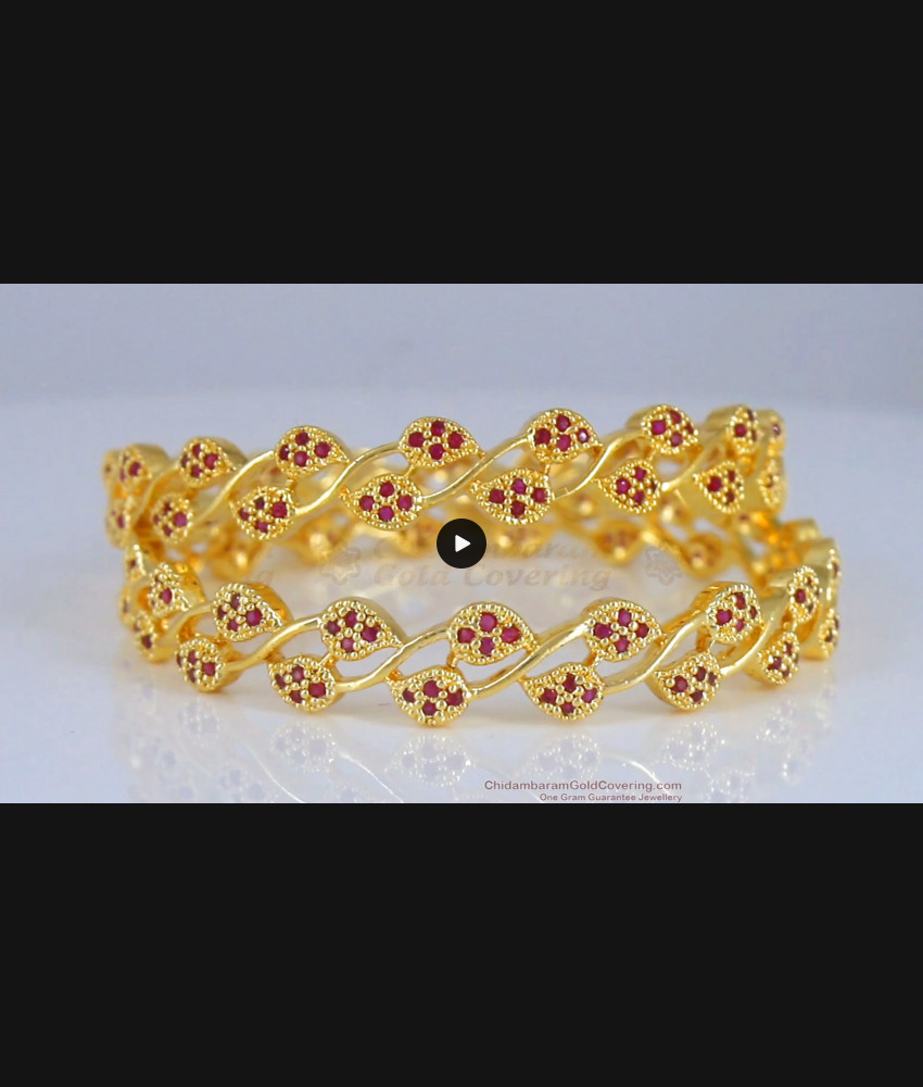 BR1954-2.4 Size Grand Gold Bangles Ruby Stone Leaf Pattern Bridal Wear