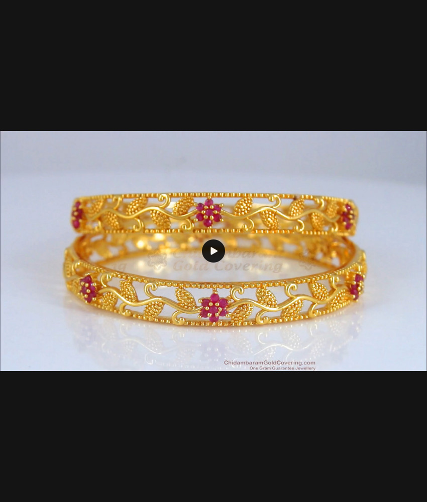 BR1956-2.8 Size Handcrafted Gold Bangles Floral Design Ruby Stone Jewelry