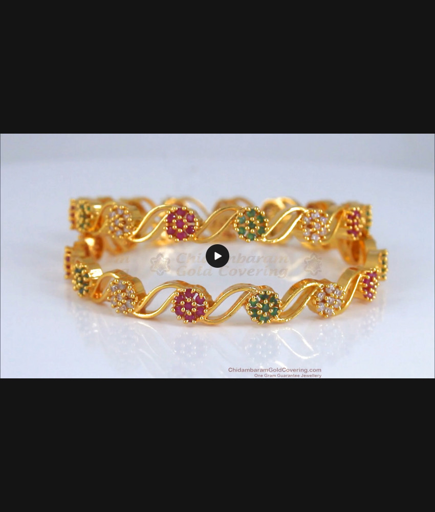 BR2011-2.4 Size Multi Color Stone Gold Plated Bangle Floral Design