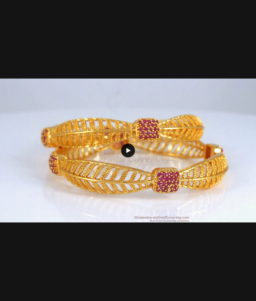 BR2019-2.4 Size One Gram Gold Bangle Leaf Design Ruby Stone Collections