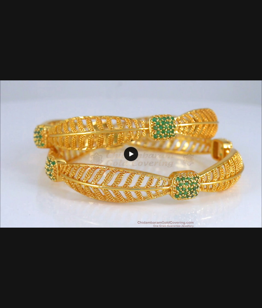 BR2020-2.6 Size One Gram Gold Bangle Leaf Design Green Emerald Collections