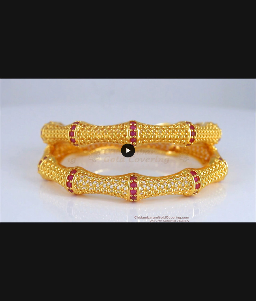 BR2022-2.4 Size Gorgeous Net Pattern Gold Plated Bangle Ruby Stone