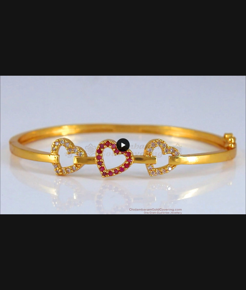 1 Gram Gold Bracelet Triple Heart Ruby White Stone BRAC587