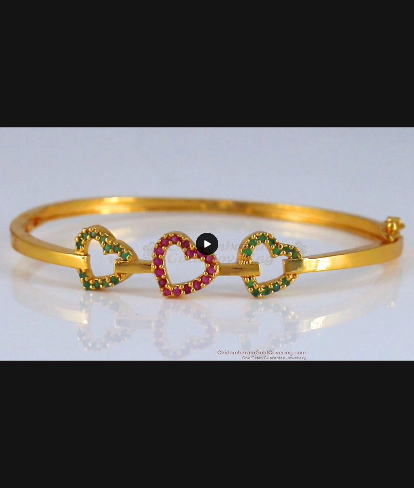 Triple Heart Gold Plated Bracelet Ruby Green Stone BRAC588