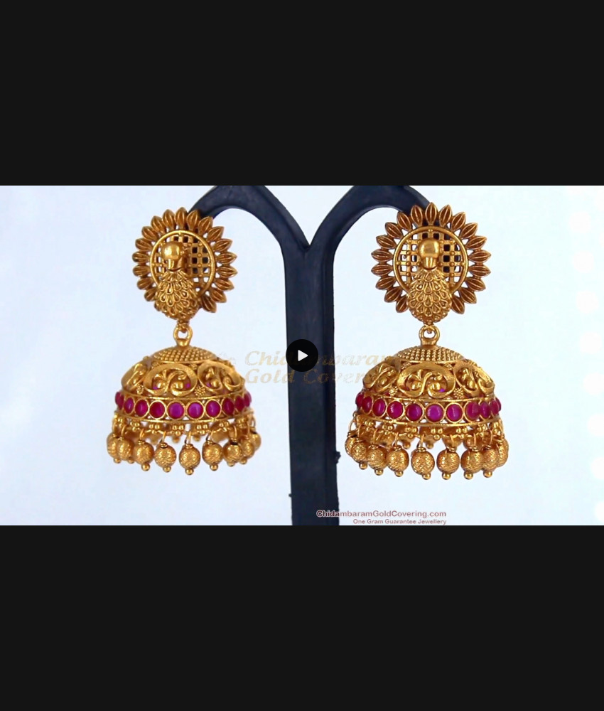 First Quality 3D Peacock Temple Jhumkas With Kemp Stone Antique Earrings Collection Online ER2116