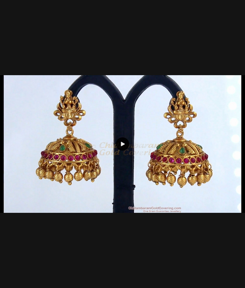 Antique Nagas Lakshmi Temple Jhumkas With Multi Colour Kemp Stone Earrings Collection ER2120