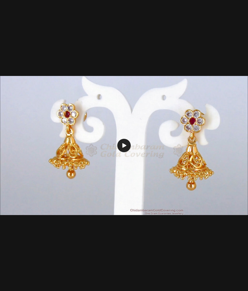 Stunning Ruby White Stone Gold Jhumkas For Party Wear ER2294 Stunning Ruby White Stone Gold Jhumkas For Party Wear ER2294