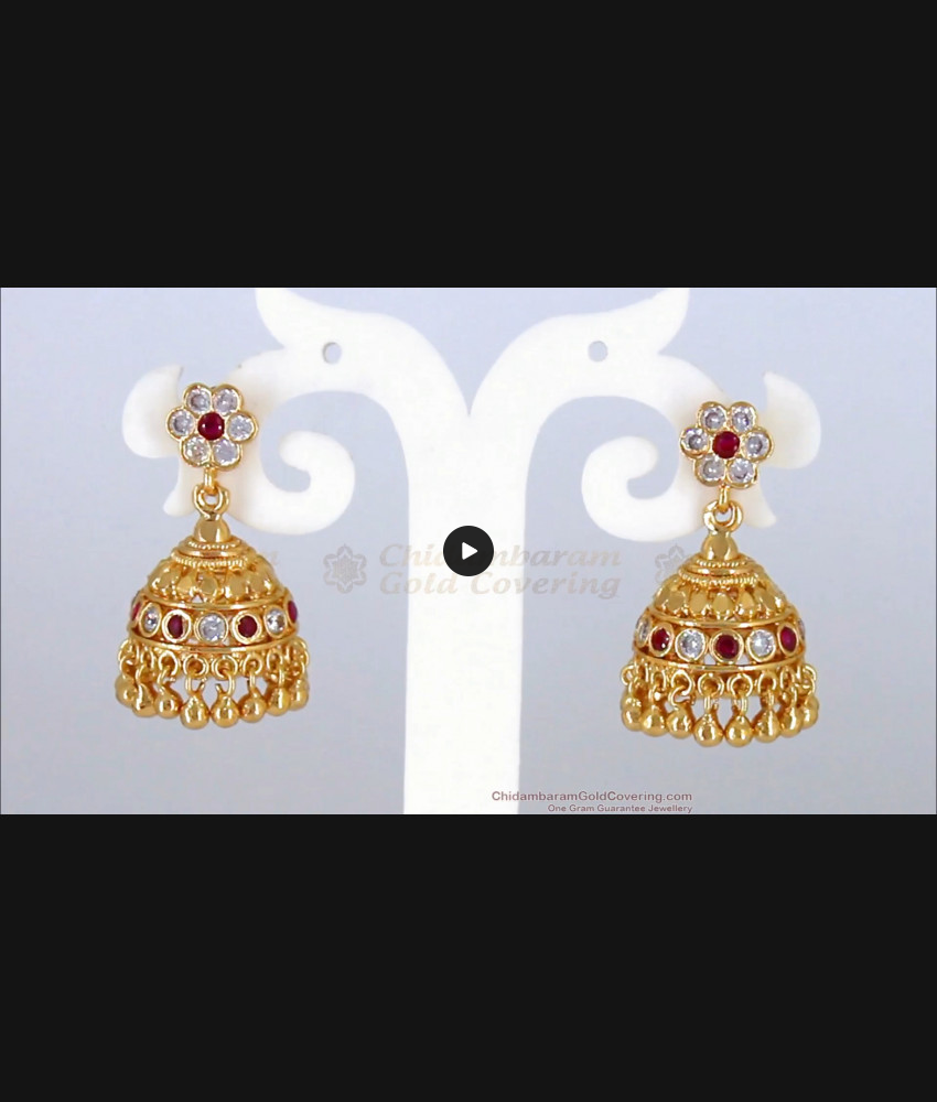 Attractive Gold Jhumkas Design Ruby White Stone Earrings For Bridal Wear ER2295