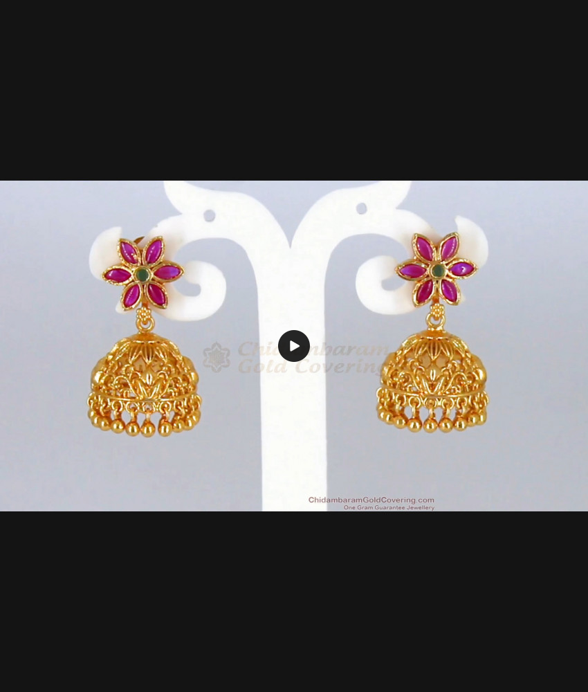 Bridal Wear Gold Jhumkas With Ruby Emerald Stone ER2330