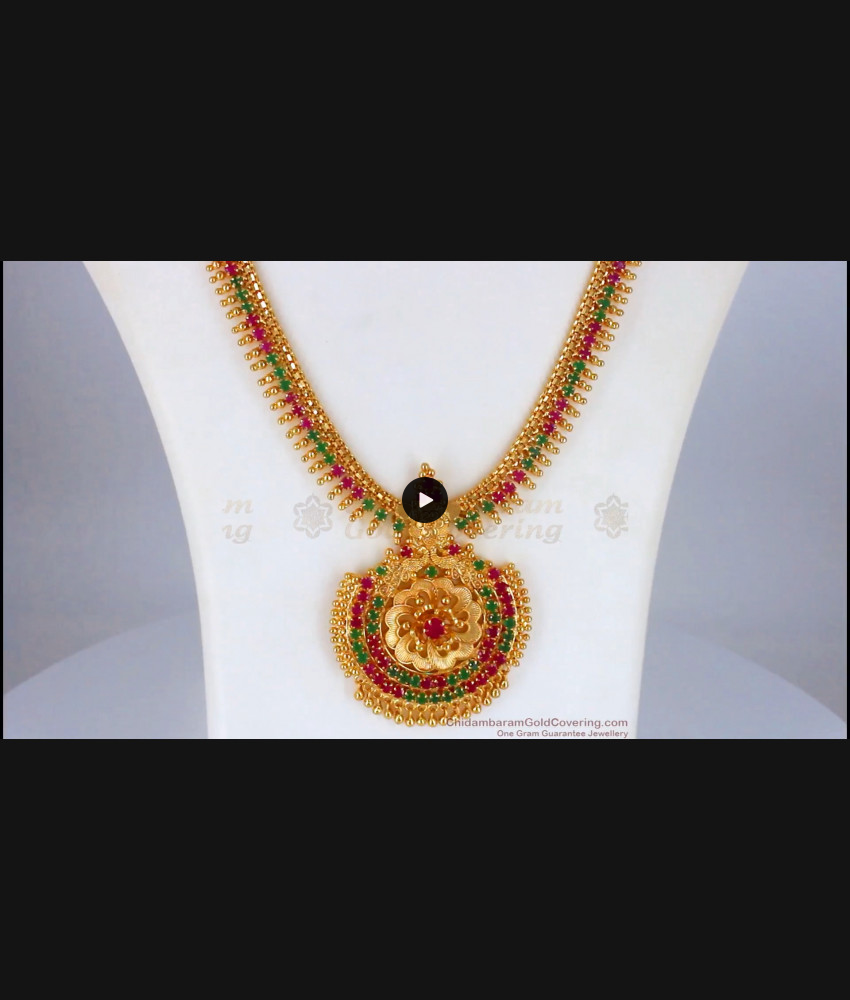 Latest Ruby Emerald Stone One Gram Gold Haram For Bridal Wear HR1959