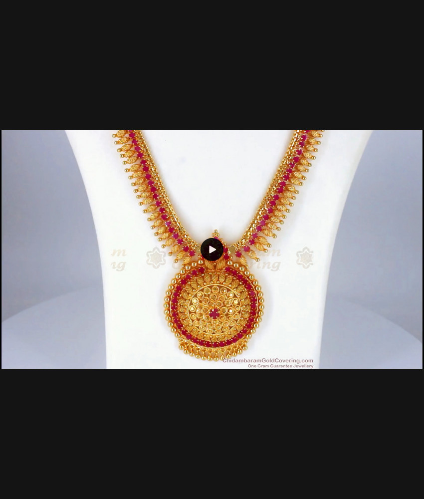 Kerala Design Ruby Stone One Gram Gold Haram For Bridal Wear HR1966