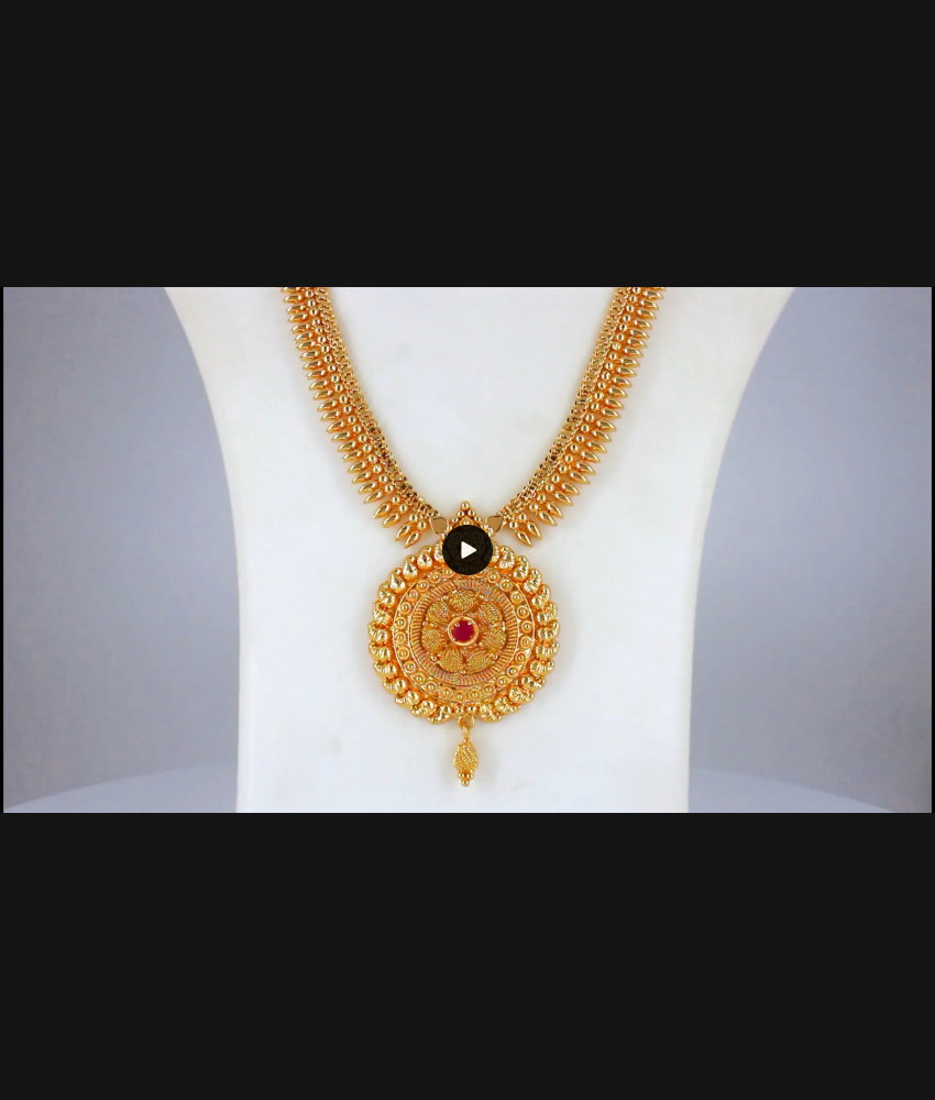 Single Ruby Stone One Gram Gold Long Haram Bridal Wear HR2089