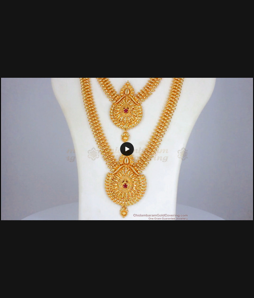 One Gram Gold Ruby Stone Mango Haram Necklace Combo HR2186