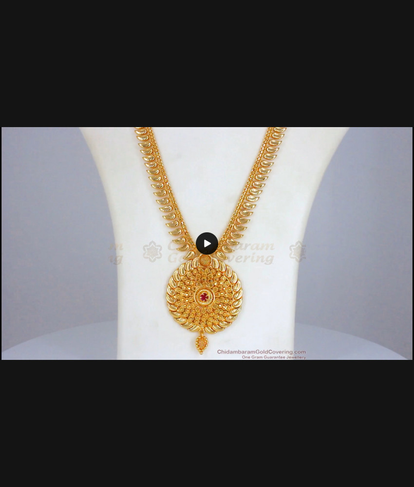 Traditional Leaf Pattern Ruby Stone Round Pendant Gold Haram HR2189