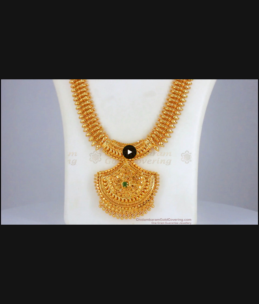 Green Stone Gold Plated Haaram Mullaipoo Design Kerala Bridal Jewelry HR2241