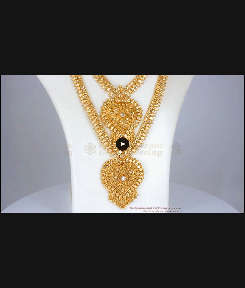 Bridal 1 Gram Gold Heart Design Haram Necklace Combo White Stone HR2340