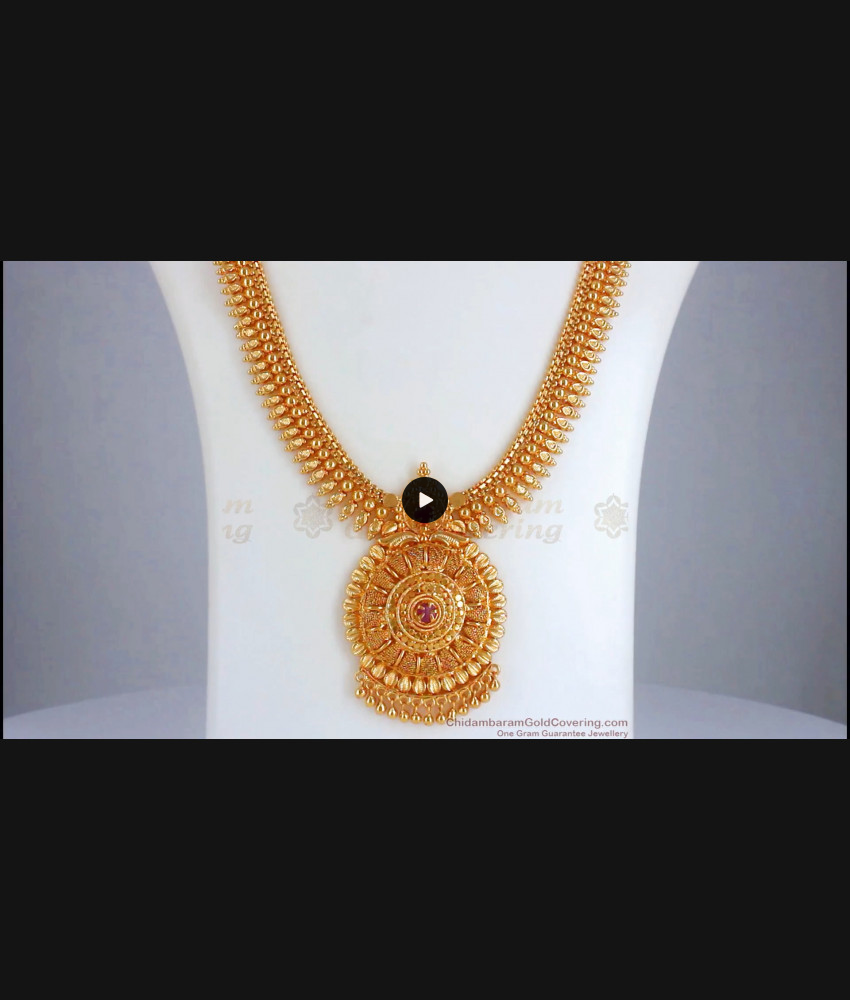 One Gram Gold Haram Net Pattern Mullaipoo Design With Ruby Stone HR2380