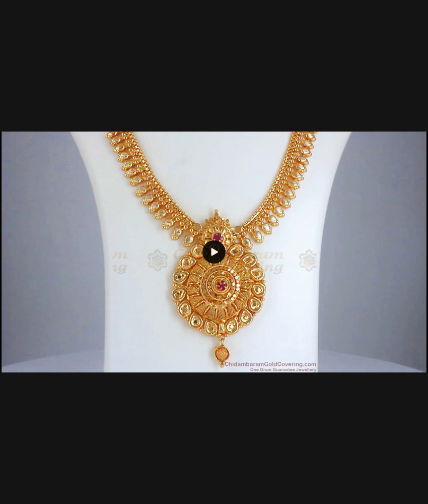 1 Gram Gold Haram Ruby Stone Mullai Mottu Design Net Pattern HR2381