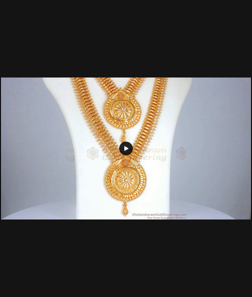 Grand Bridal One Gram Gold Haram Long Necklace Combo Set White Stone HR2391