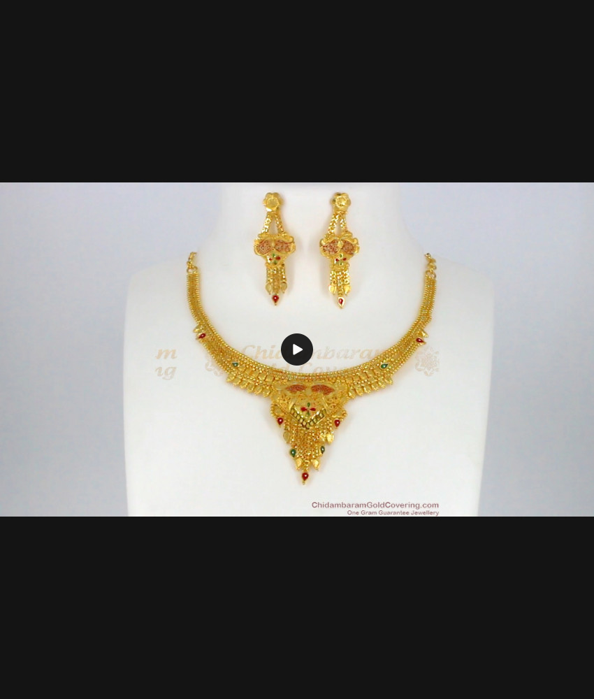 Real Gold Enamel Gold Necklace With Earrings Forming Pattern For Bride NCKN1997