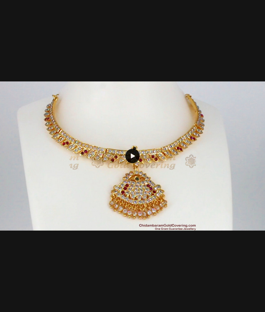Real Impon Multi Stone Choker Type Gold Necklace For Bridal Wear NCKN1999