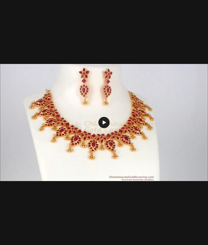 Latest Model Ruby Stone Gold Necklace Earrings Set NCKN2007