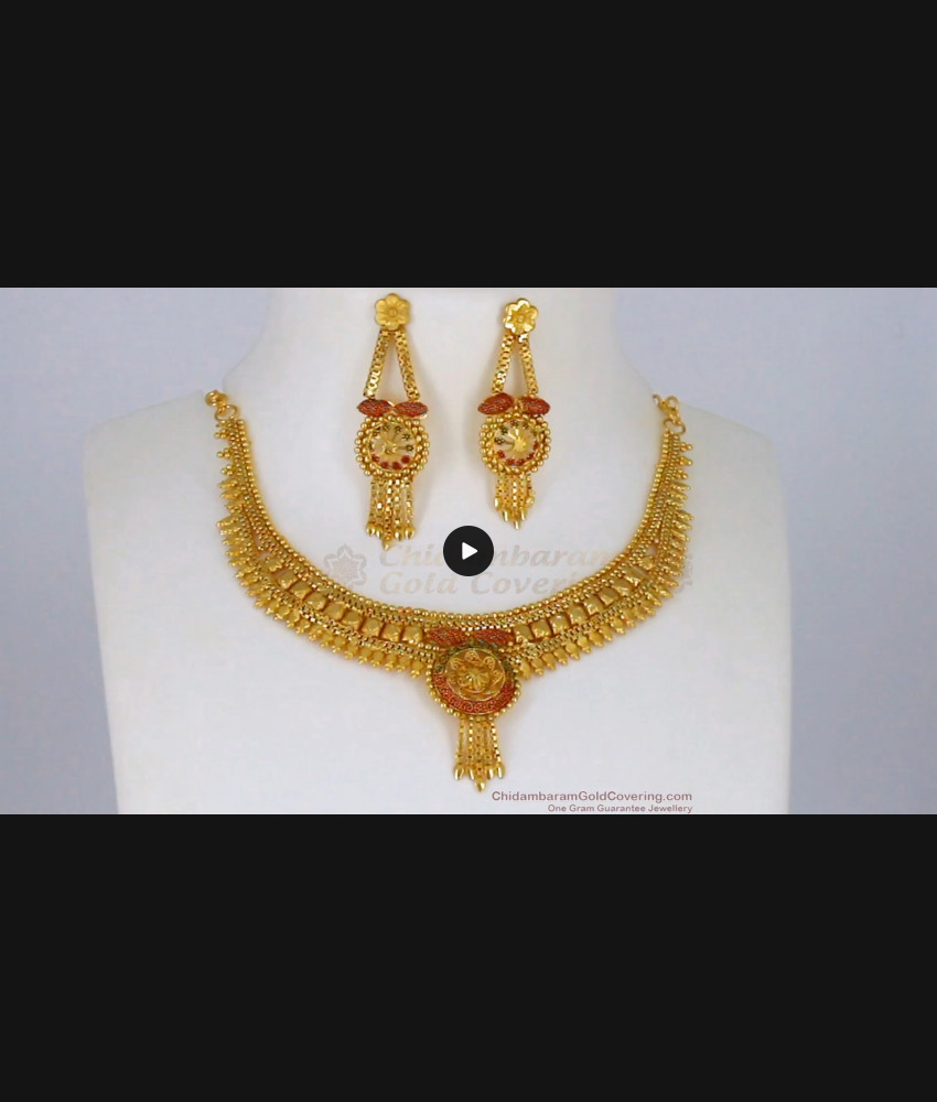 Simple Enamel Pattern Real Gold Forming Necklace With Earrings Set NCKN2075