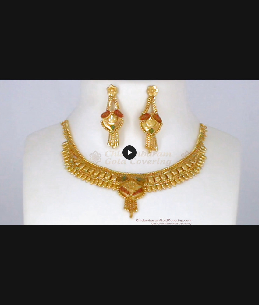 Simple Enamel Pattern Real Gold Forming Necklace With Earrings Set NCKN2076