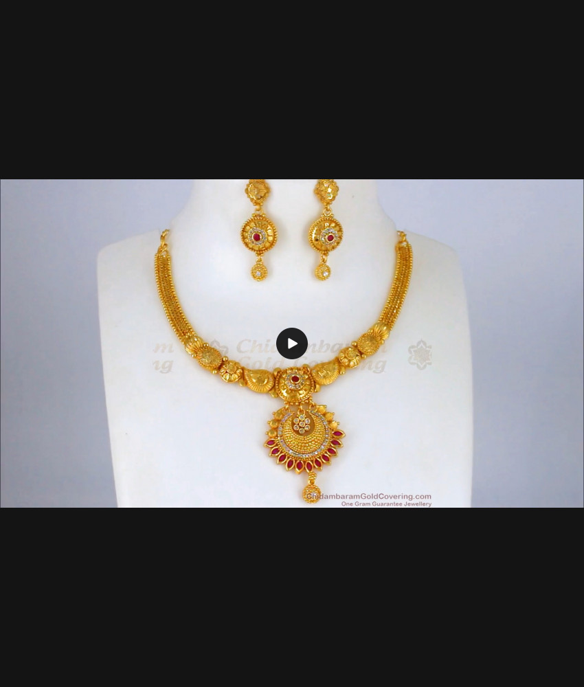 Beautiful Ruby White Stone One Gram Gold Necklace Set NCKN2096