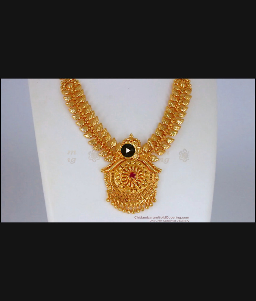 Unique Leaf Design Gold Necklace With Single Ruby Stone Collections NCKN2165