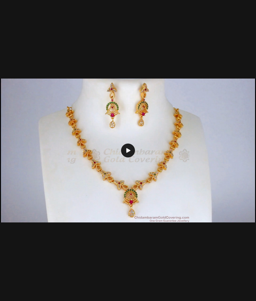 Triple Color Stone Gold Necklace For Bridal Collections NCKN2273