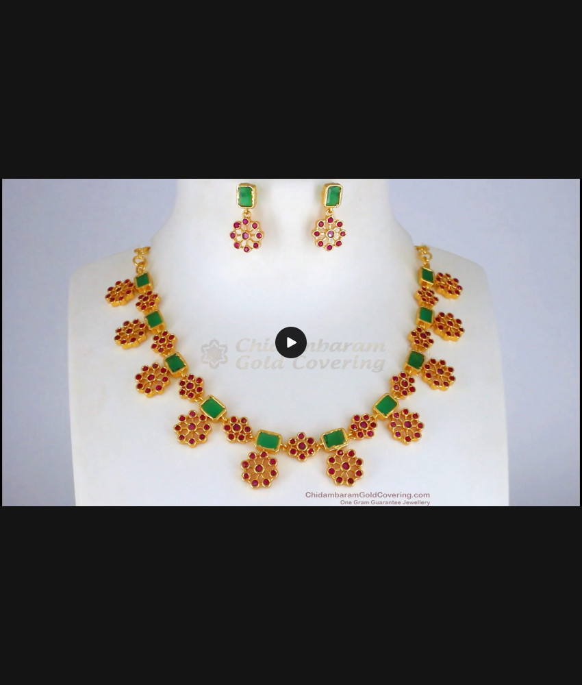 Flower Design Ruby Emerald Stone Gold Necklace Combo NCKN2281