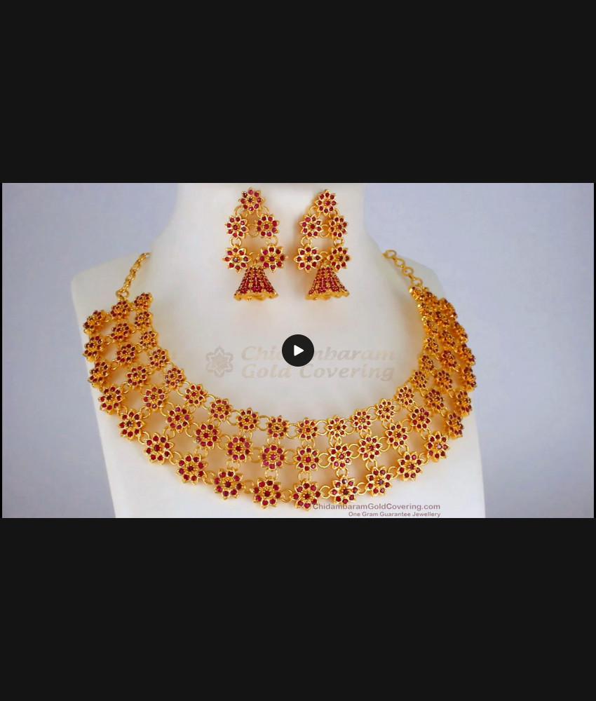 Grand Bridal Wear Ruby Stone Gold Necklace Combo NCKN2285