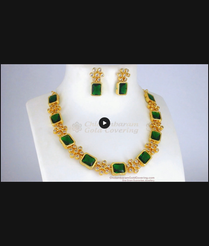 Impressive Kerala Design Emerald White Stone Gold Necklace NCKN2298