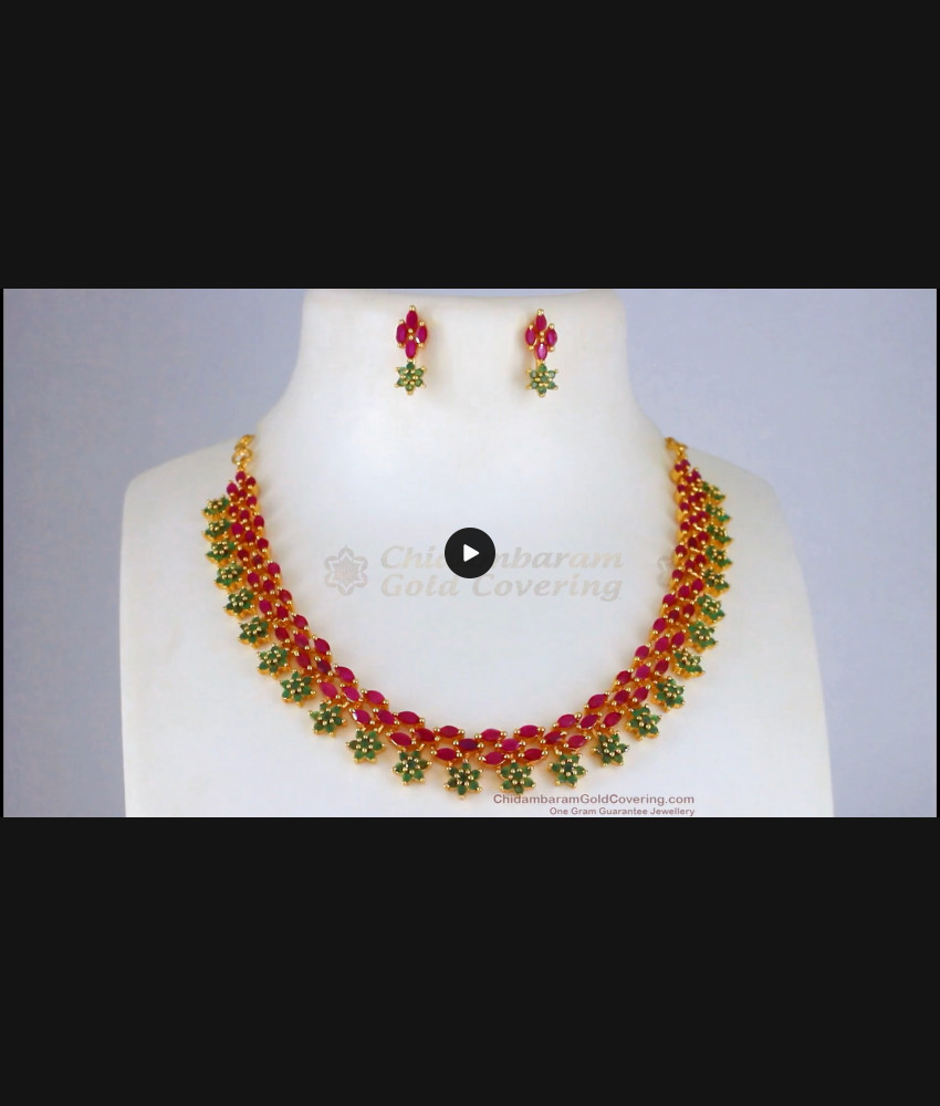 MultiStone Flower Design Gold Ruby Emerald Necklace Shop Online NCKN2316