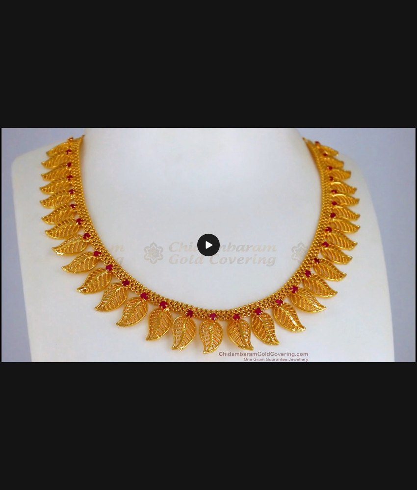 One Gram Gold Leaf Pattern Ruby Stone Necklace Designs NCKN2336