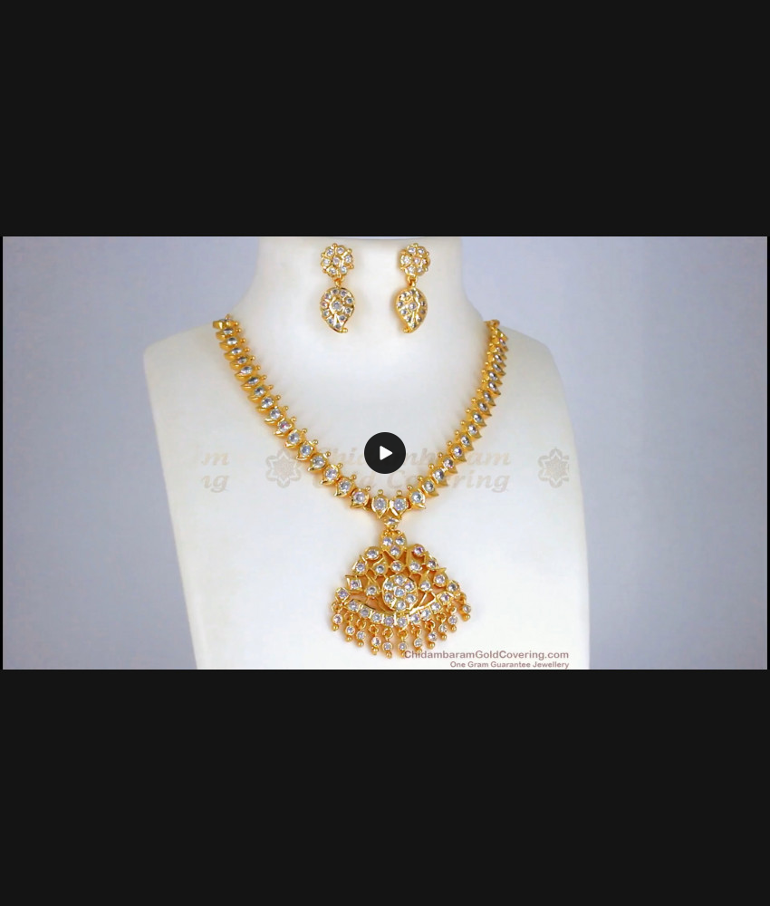 Impon Big Dollar Gold Necklace With White Stone Attigai With Earrings NCKN2342