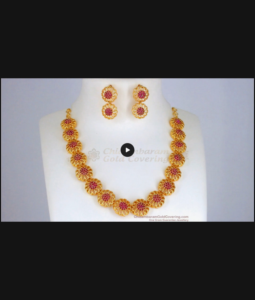 One Gram Gold Flower Design Ruby Stone Necklace Earring Combo NCKN2404