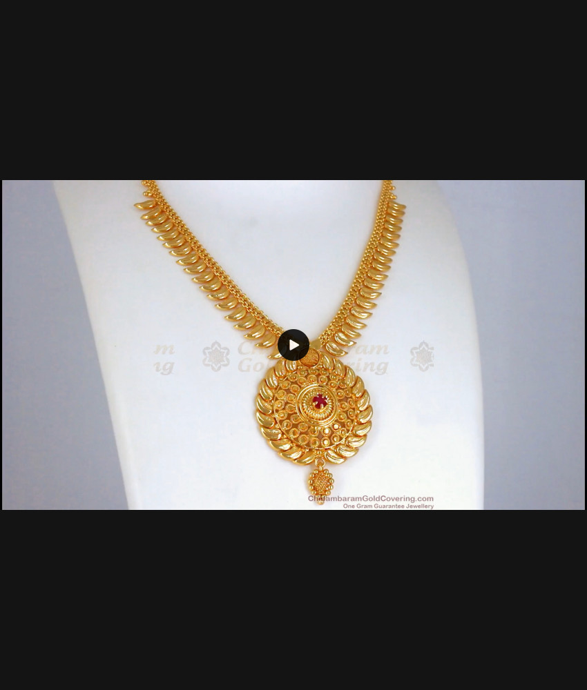 Trendy Leaf Pattern Gold Necklace Ruby Stone NCKN2431 