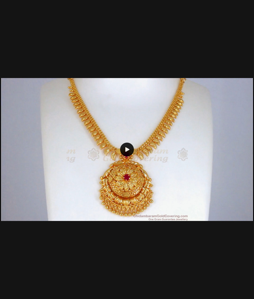 Small Mullaipoo Gold Necklace Ruby Stone Bulged Dollar NCKN2435