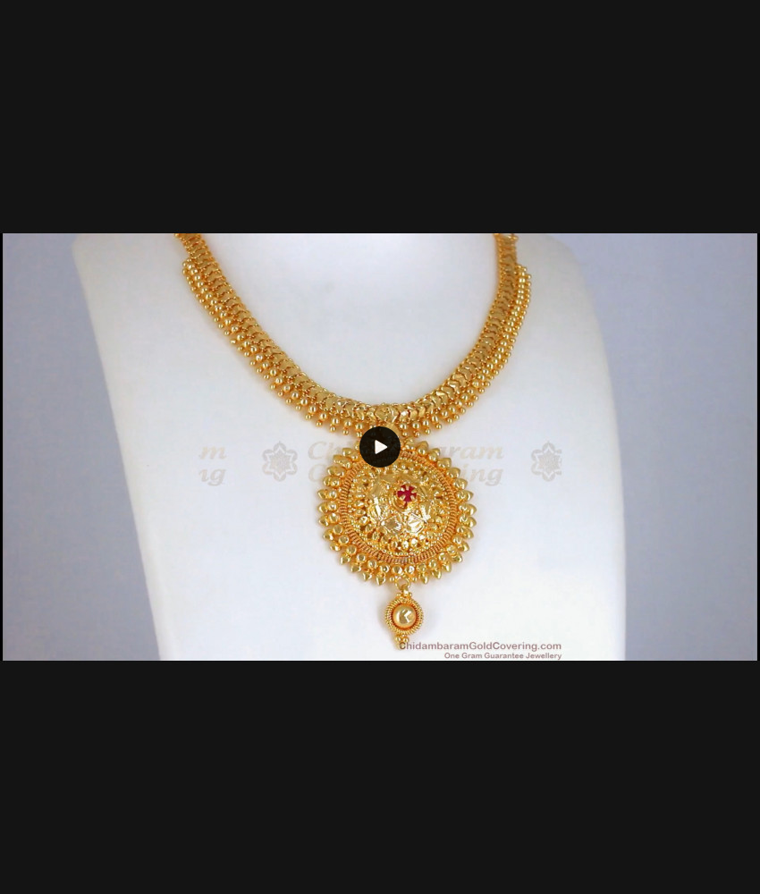 Latest Flower Design Gold Beaded Necklace Ruby Stone NCKN2439