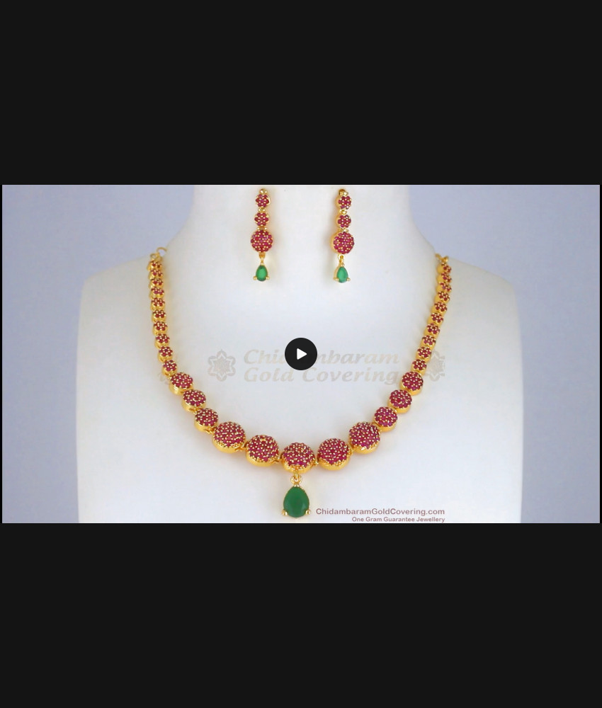 One Gram Gold Plated Necklace Ruby Green Stone Earring Combo NCKN2502