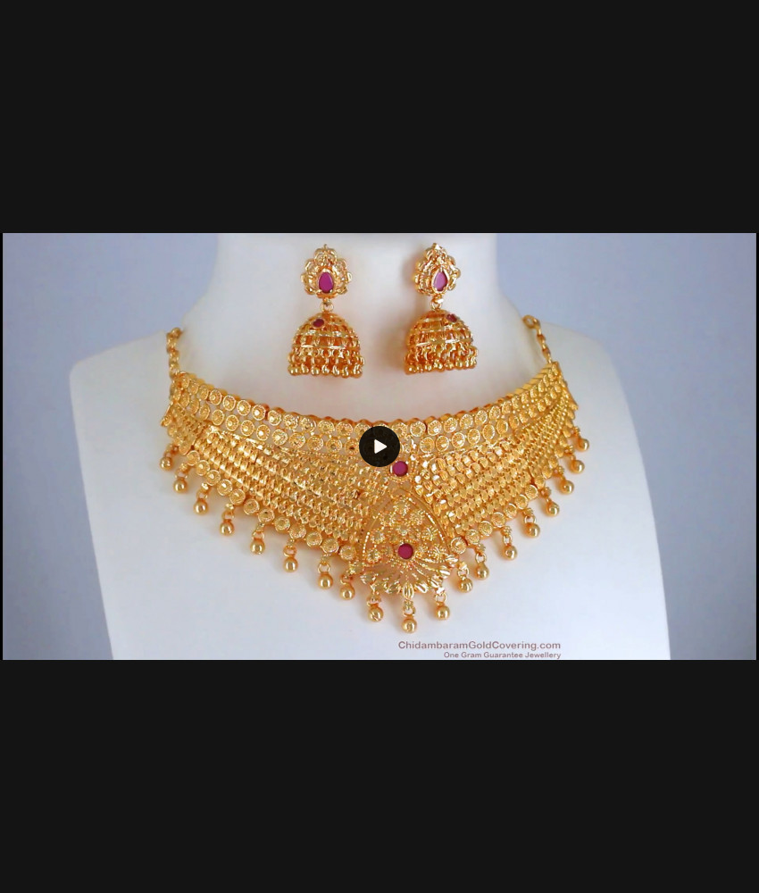 One Gram Gold Choker Necklace Earring Set Ruby Stone NCKN2708